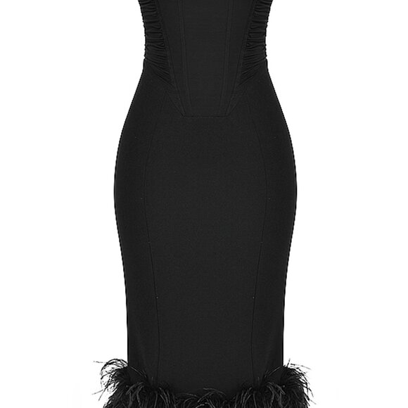 Brand New House of CB Fionula Black Strapless Corset Feather Midi Dress Size XS - Picture 3 of 4